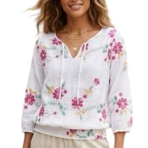 Kindred Floral Embroidered Blouson Top Womens Medium White Sheer Boho Blouse